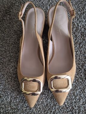 Nicole Miller Tan Suede Pointed Slingback Flats with Gold Buckle